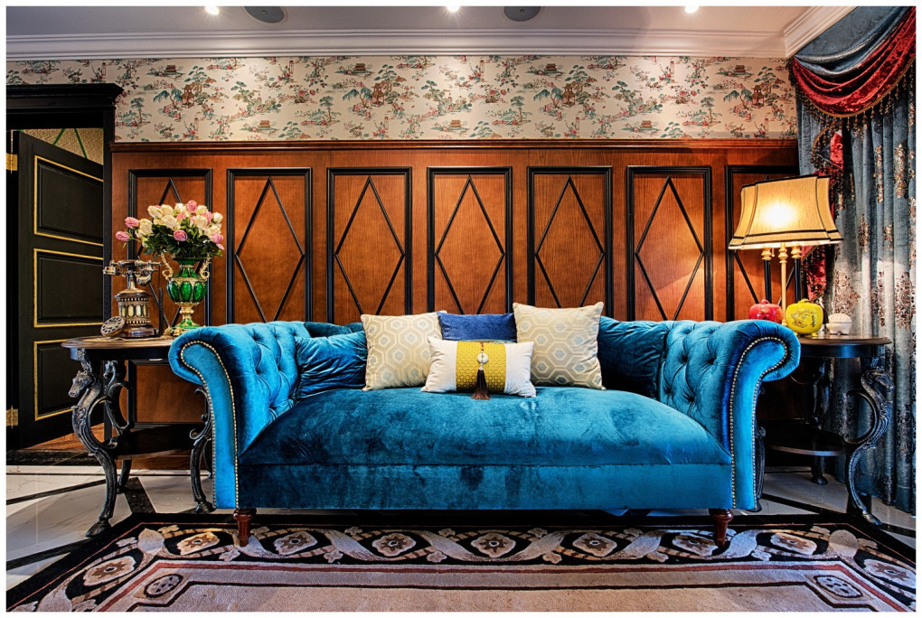 美式新古典风格装修蓝色沙发设计图