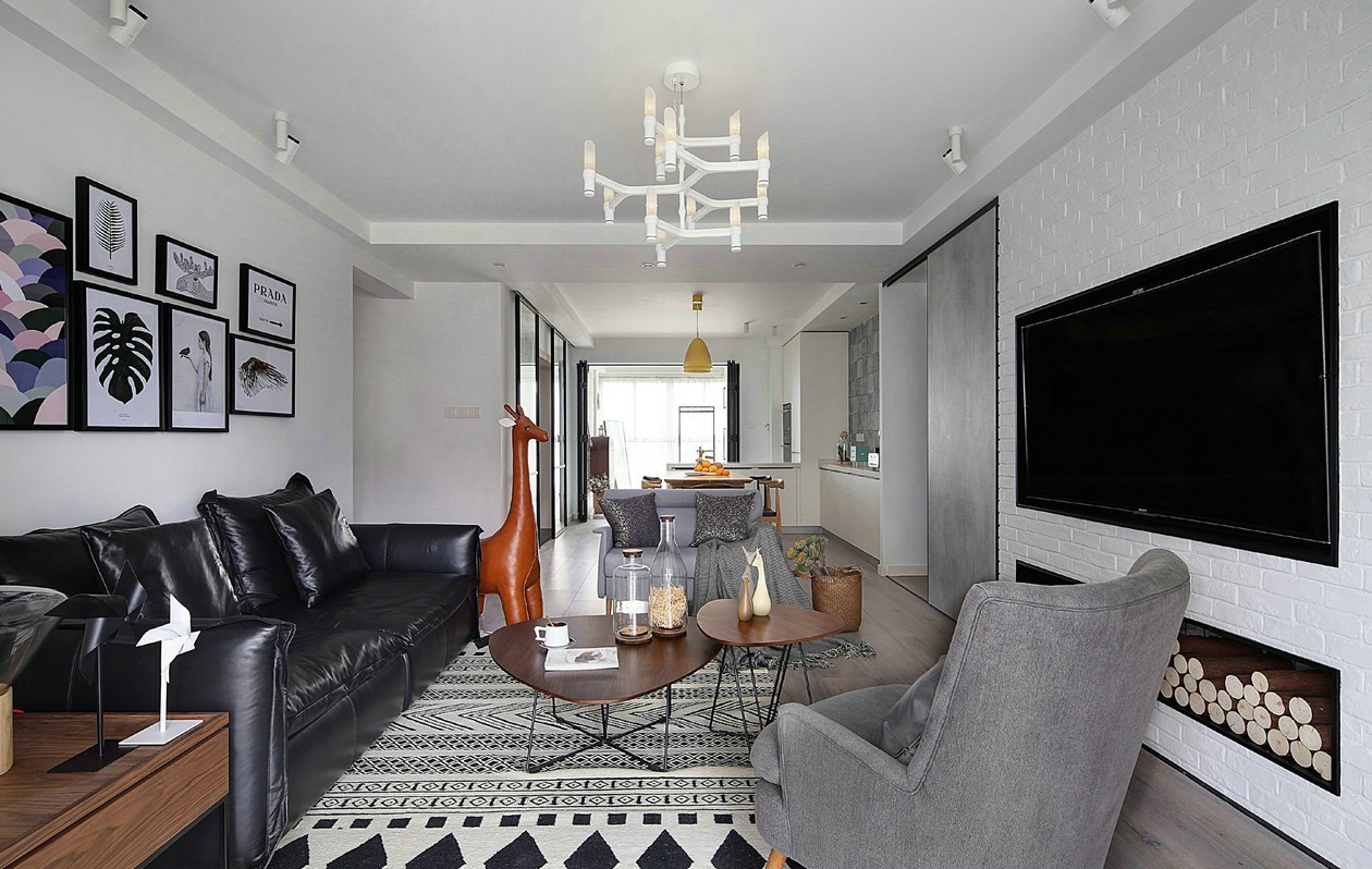 110平米装修,三居室装修,10-15万装修,客厅,北欧风格,电视背景墙,白色,灰色