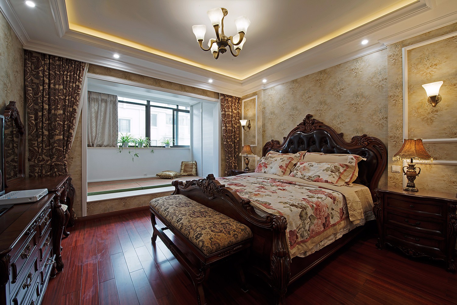 别墅装修,20万以上装修,140平米以上装修,卧室,美式风格,卧室背景墙,暖色调