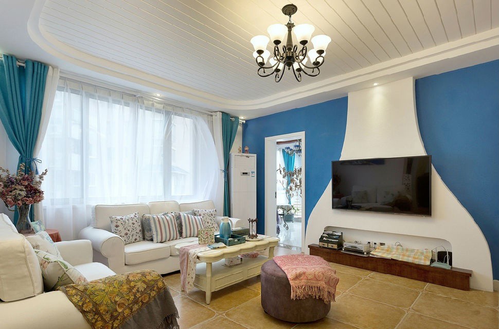 三居室装修,10-15万装修,130平米装修,客厅,地中海风格,电视背景墙,蓝色