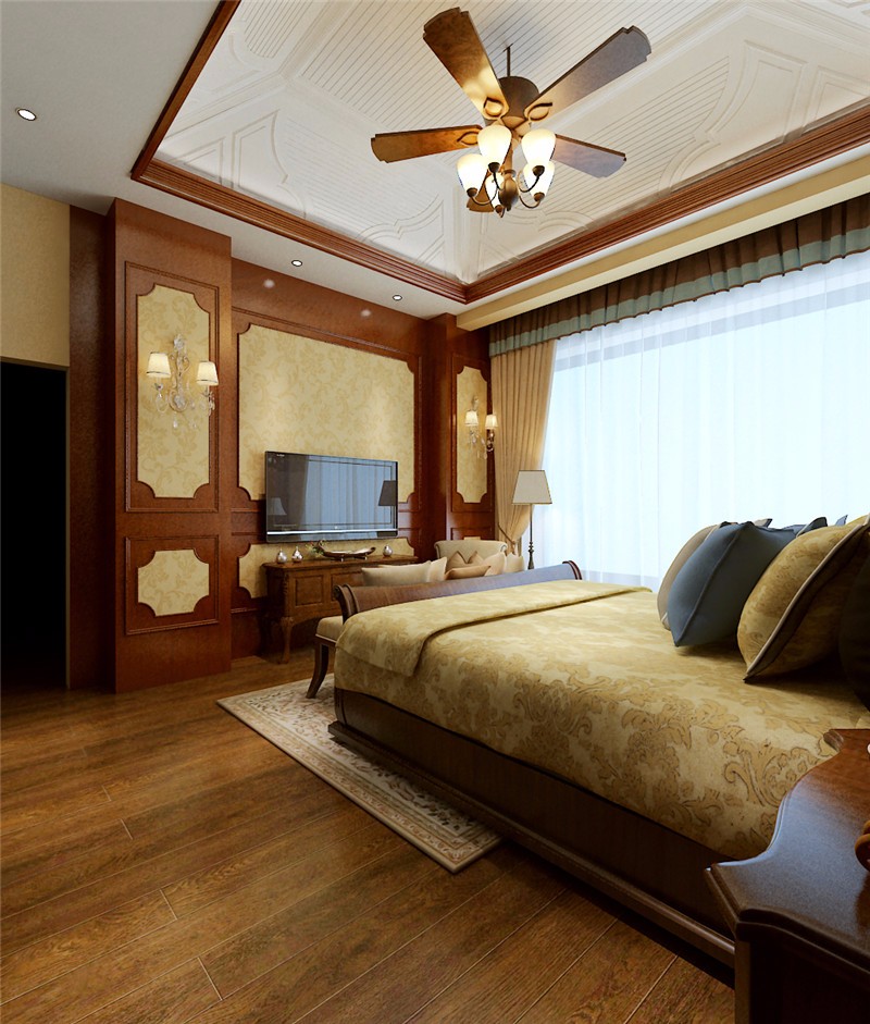 别墅装修,20万以上装修,140平米以上装修,卧室,美式风格,暖色调