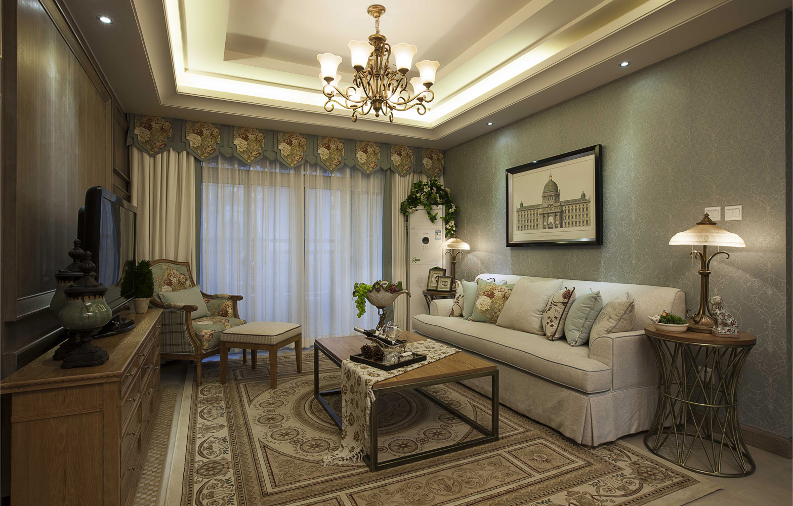二居室装修,15-20万装修,120平米装修,美式风格,客厅,沙发背景墙