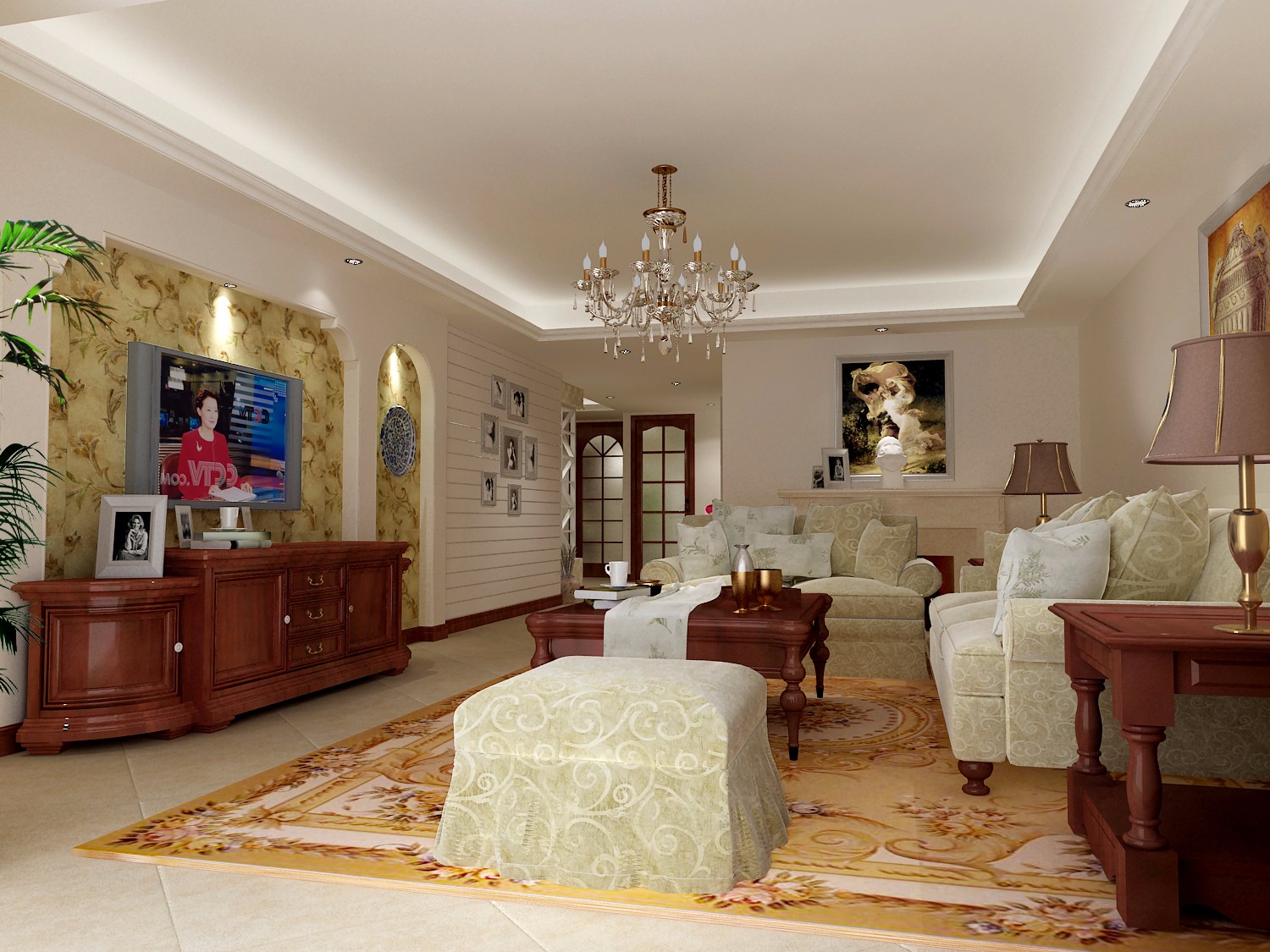 三居室装修,20万以上装修,130平米装修,客厅,美式风格,电视背景墙,暖色调