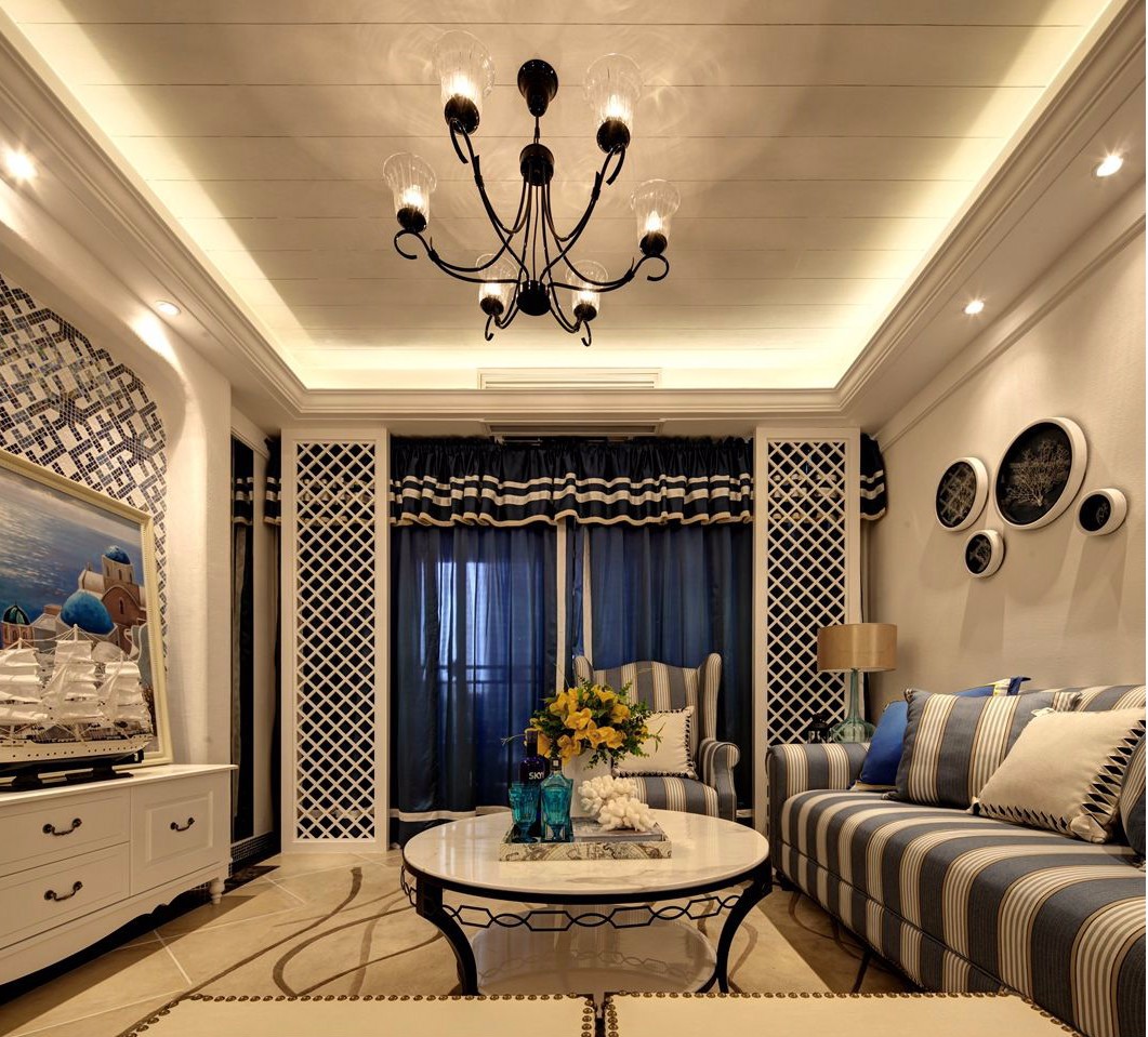 三居室装修,10-15万装修,120平米装修,客厅,地中海风格,吊顶,窗帘,蓝色