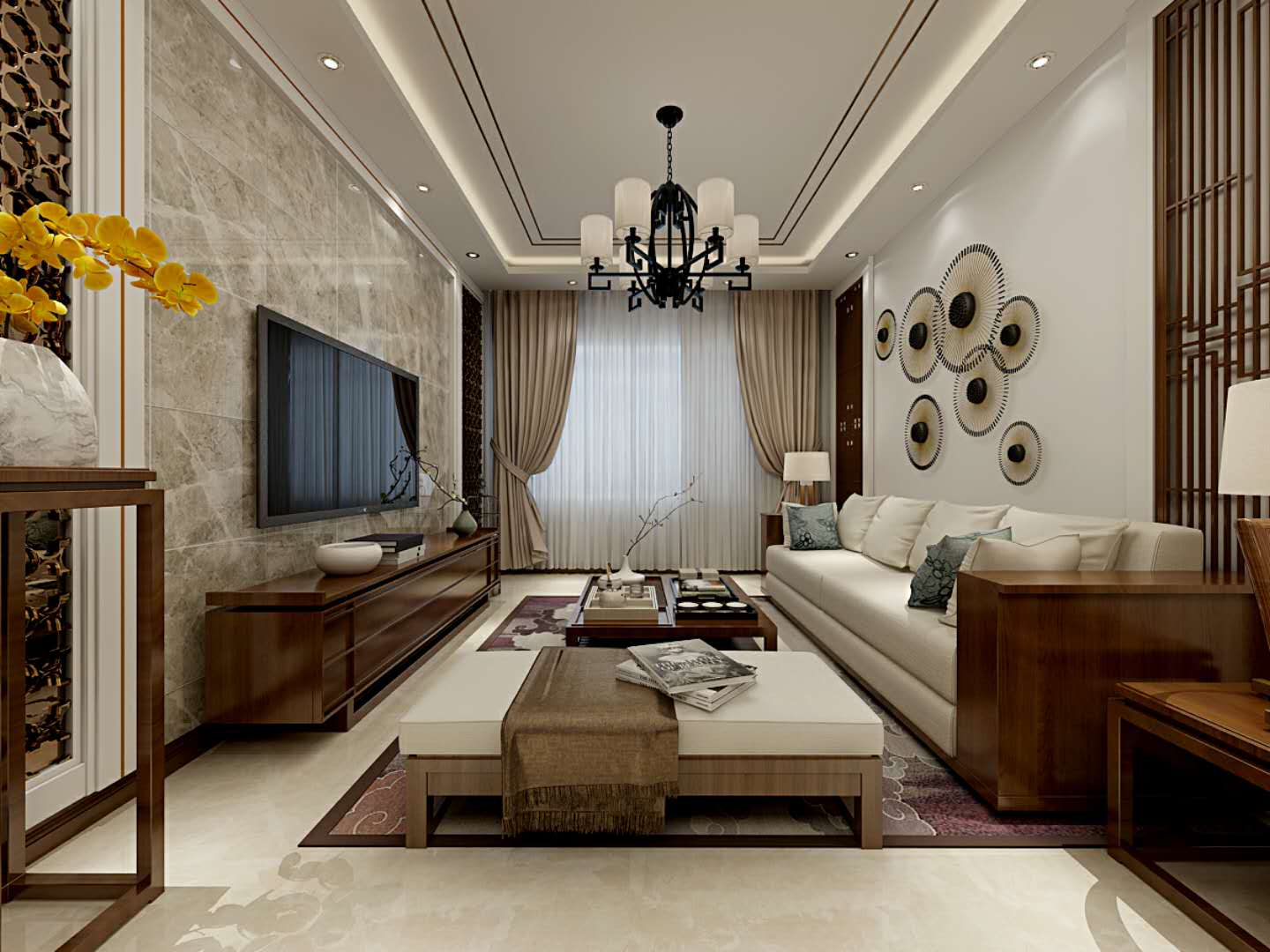 二居室装修,90平米装修,15-20万装修,中式风格,客厅,电视背景墙