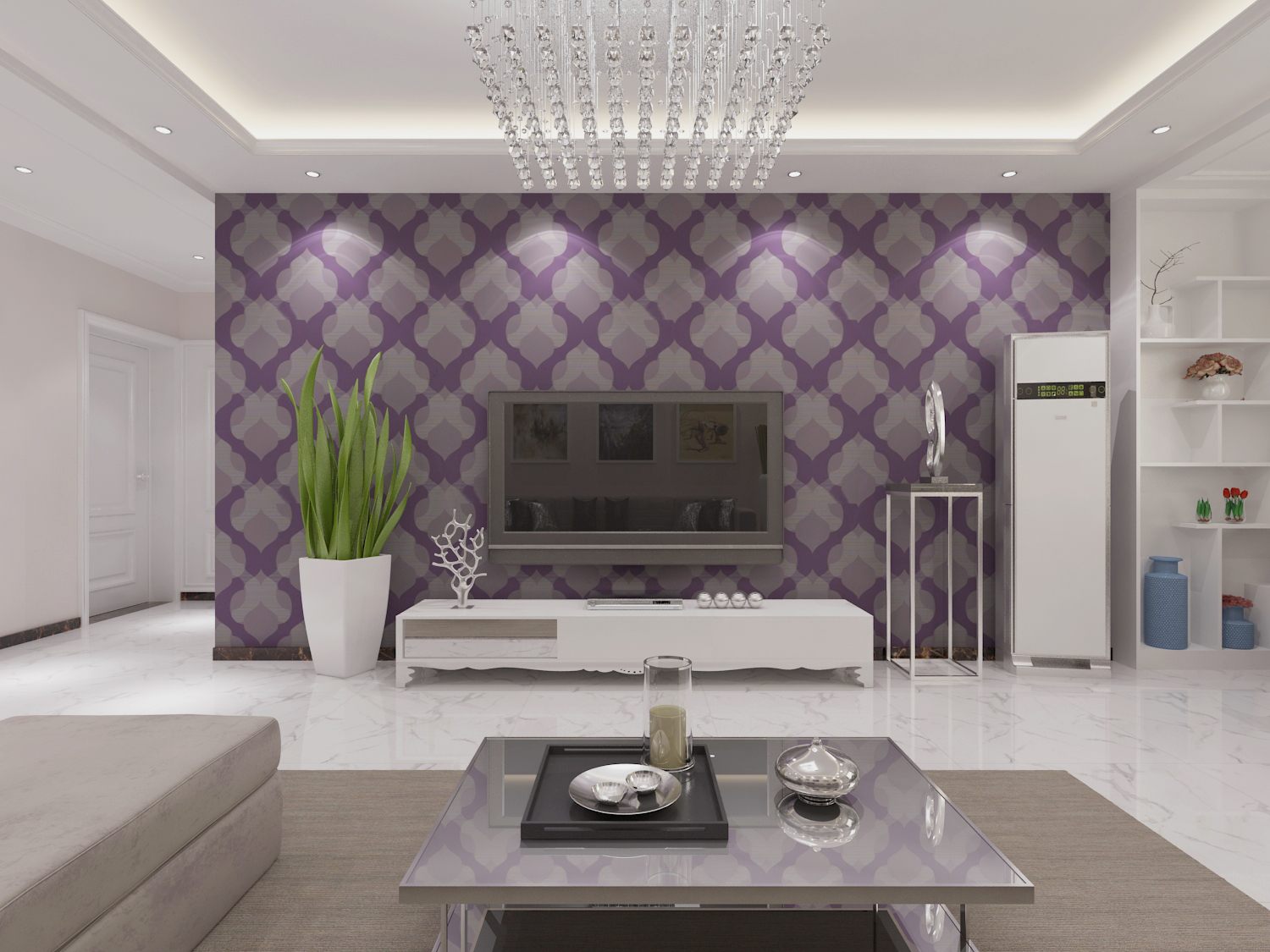 15-20万装修,三居室装修,120平米装修,简欧风格,电视背景墙,紫色