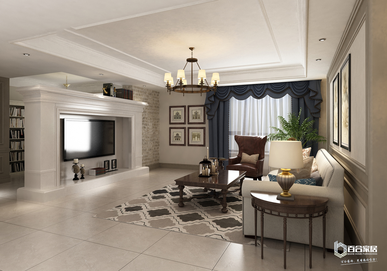 三居室装修,110平米装修,20万以上装修,美式风格,白色,电视背景墙,客厅