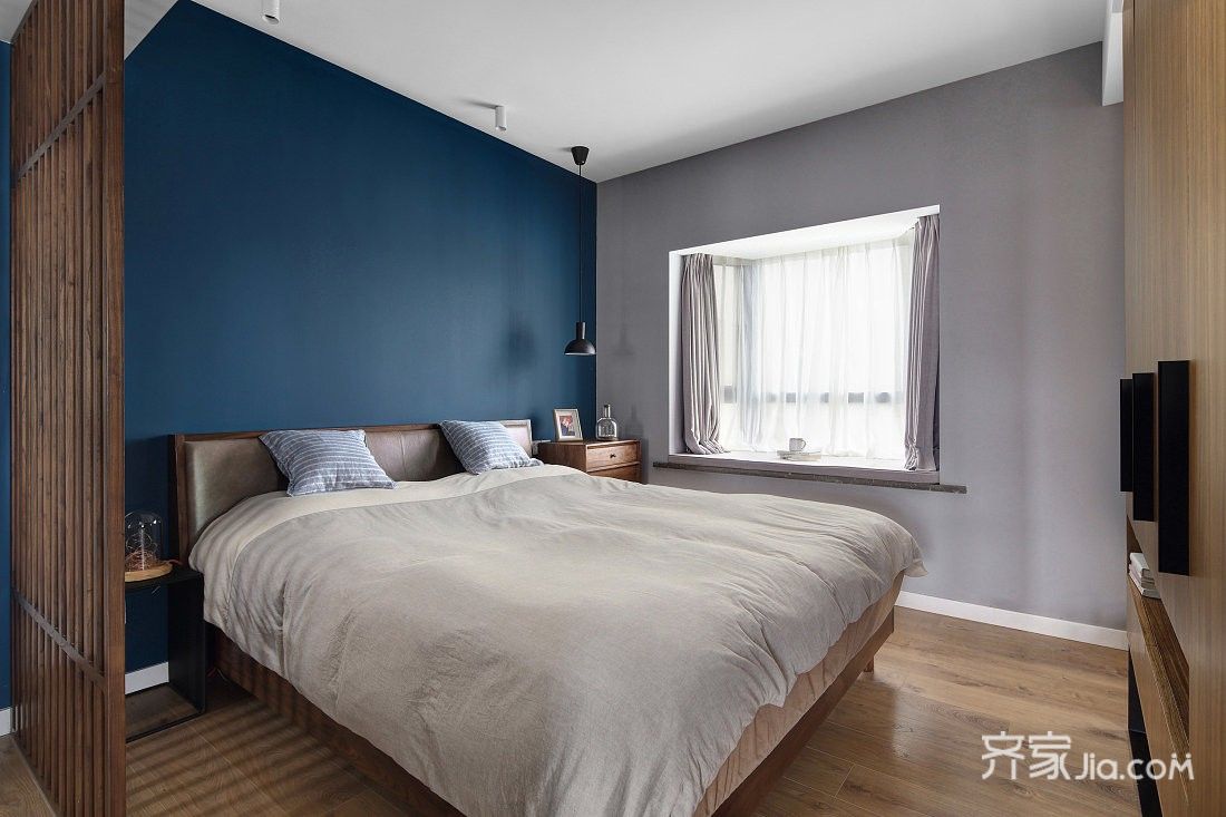10-15万装修,三居室装修,130平米装修,卧室,北欧风格,卧室背景墙,蓝色