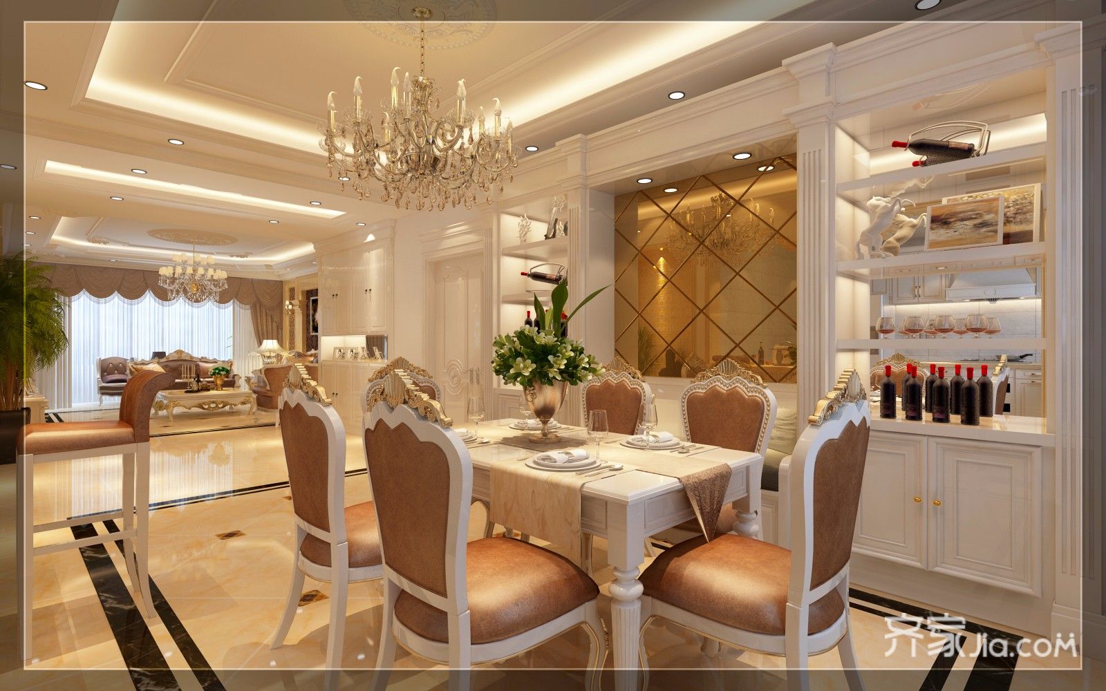 富裕型装修,140平米以上装修,三居室装修,厨房,欧式风格,餐厅背景墙,金色