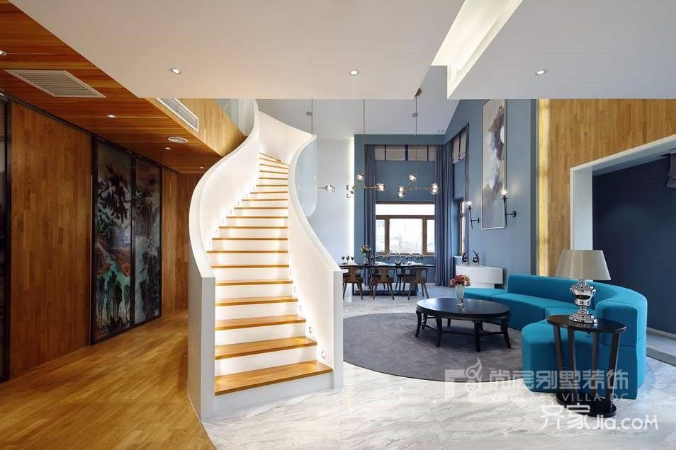 别墅装修,140平米以上装修,20万以上装修,大户型,客厅,现代简约风格,楼梯,白色