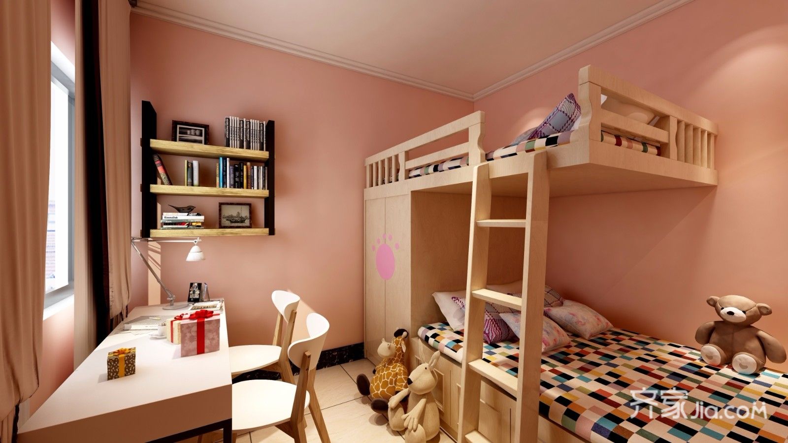 二居室装修,10-15万装修,80平米装修,混搭风格,儿童房,粉色,儿童床