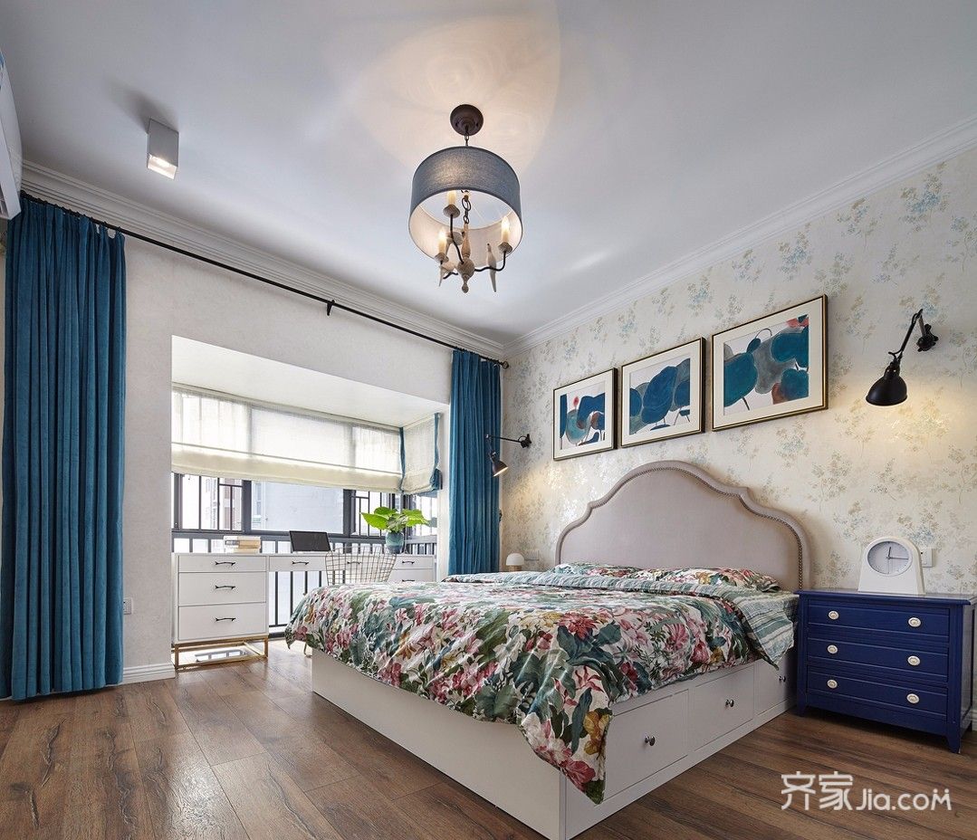 三居室装修,10-15万装修,140平米以上装修,卧室,混搭风格,卧室背景墙,窗帘,蓝色