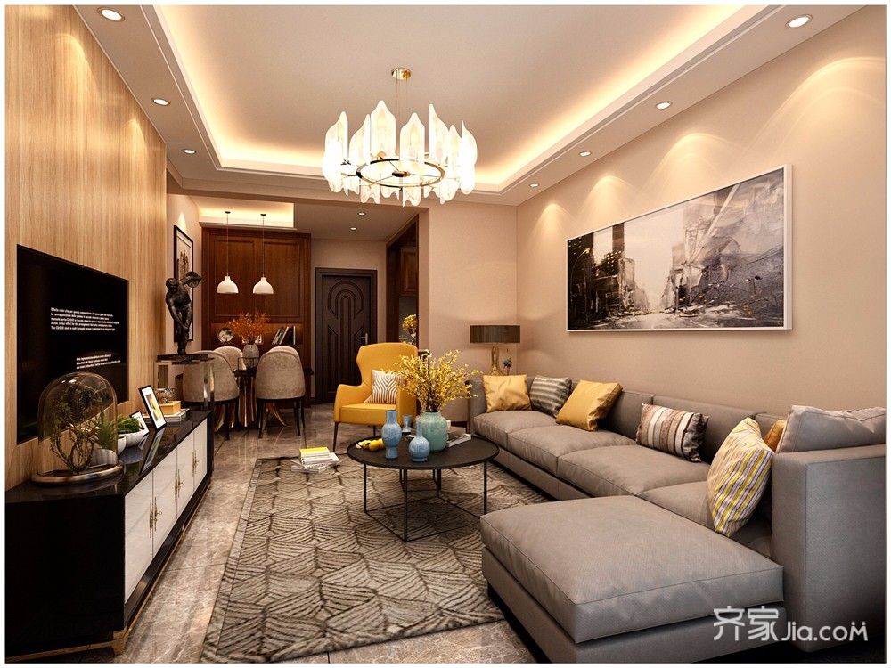 15-20万装修,二居室装修,80平米装修,客厅,现代简约风格,沙发背景墙,咖啡色,沙发