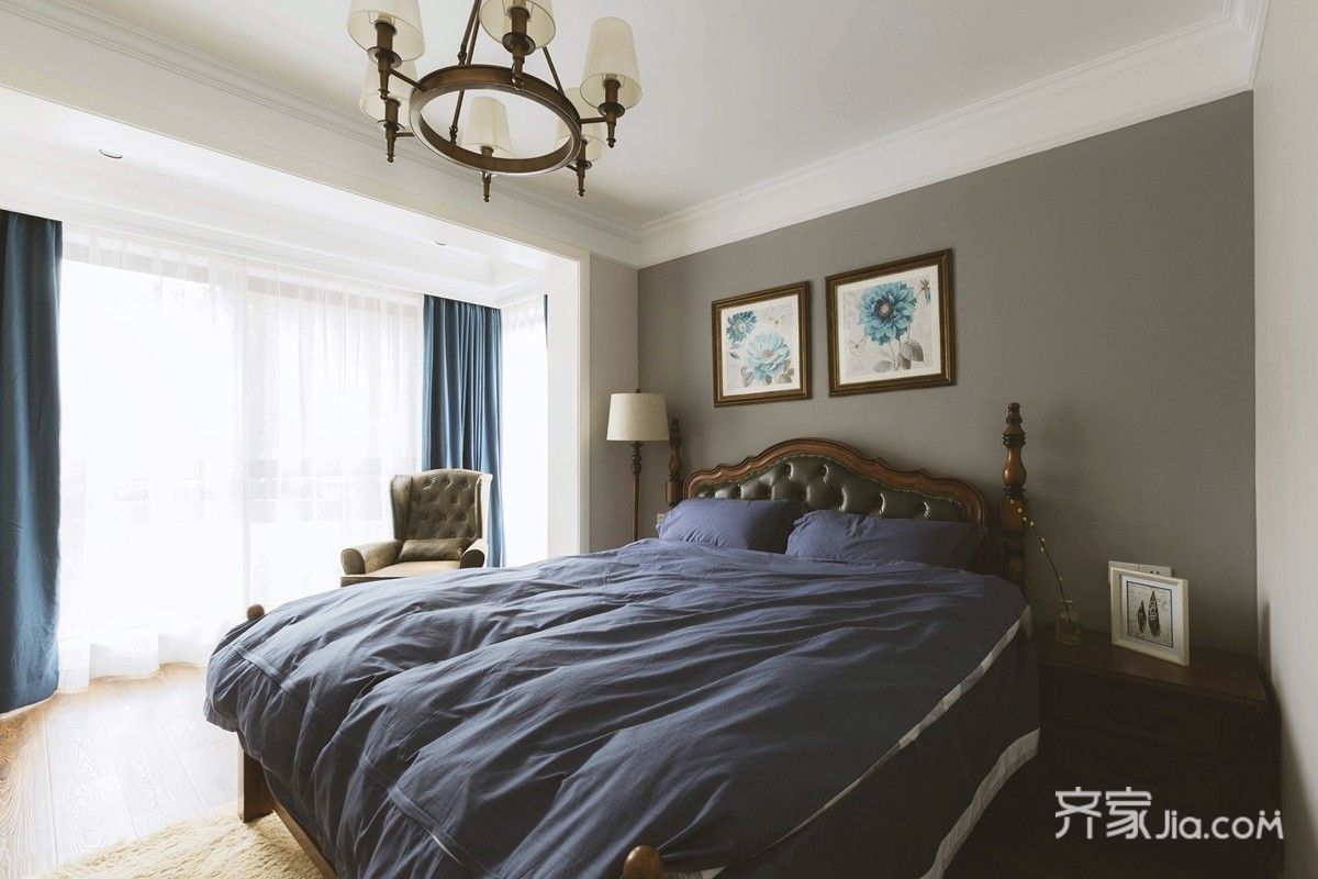 三居室装修,10-15万装修,100平米装修,卧室,美式风格,卧室背景墙,床上用品,蓝色,灰色