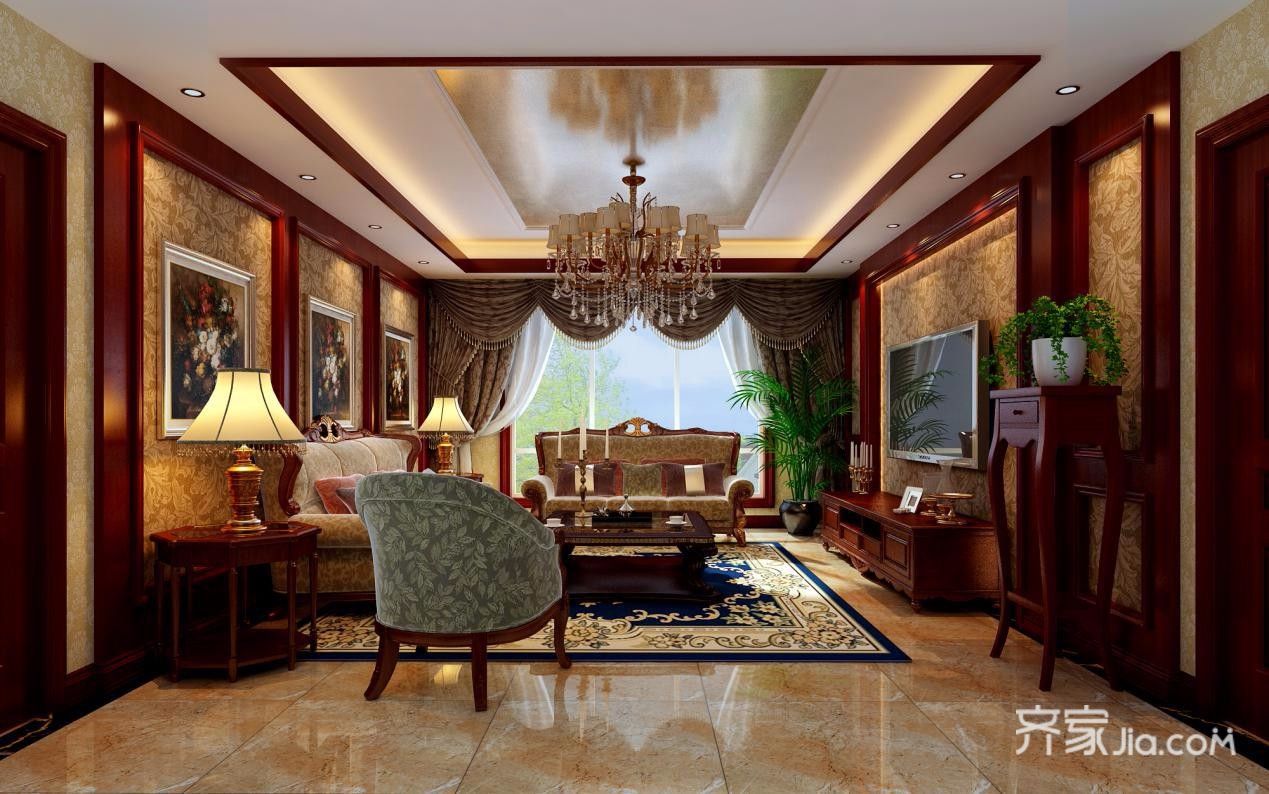 140平米以上装修,豪华型装修,三居室装修,客厅,美式风格,吊顶,暖色调,金色