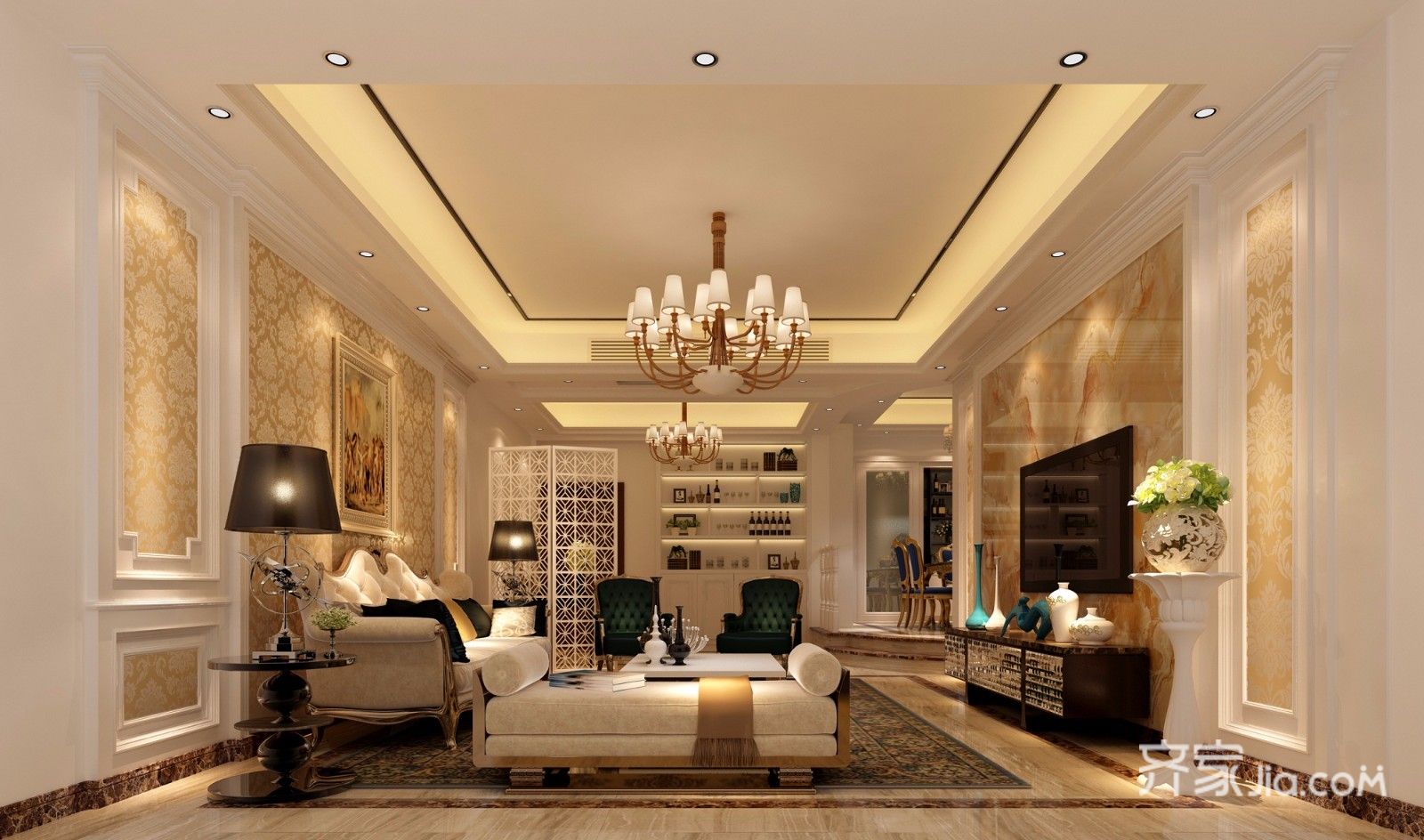 豪华型装修,140平米以上装修,三居室装修,客厅,欧式风格,吊顶,暖色调