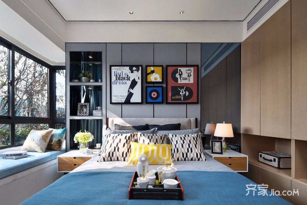 100平米装修,三居室装修,10-15万装修,卧室,混搭风格,卧室背景墙,蓝色,床上用品