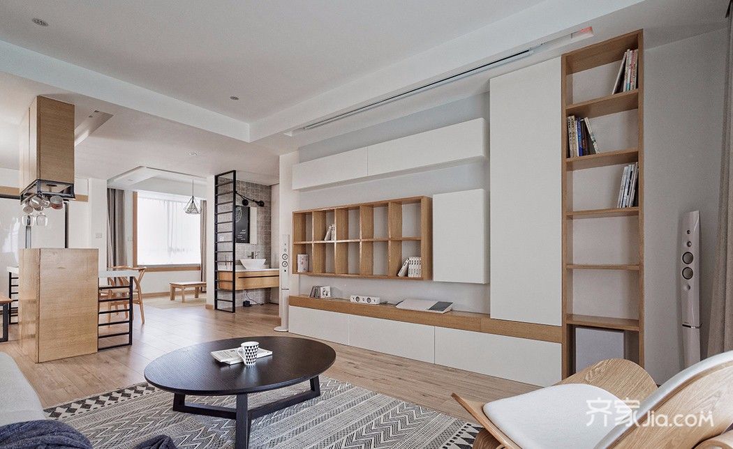 10-15万装修,二居室装修,110平米装修,日式风格,客厅,书架,白色,原木色