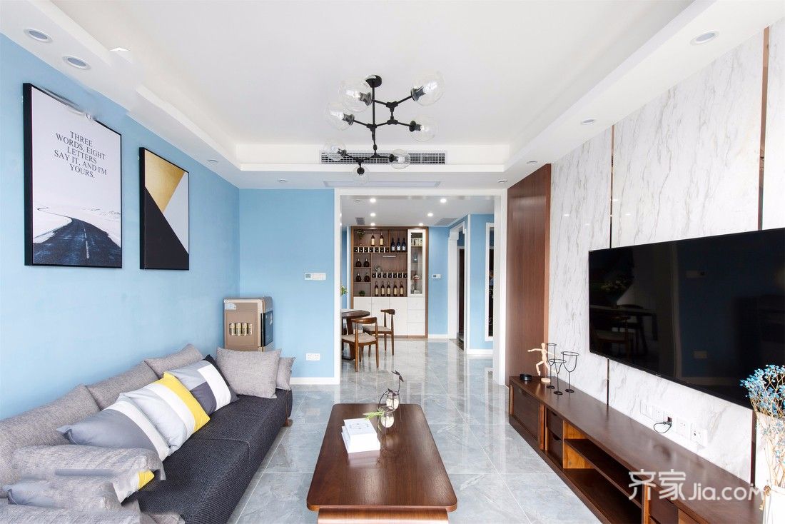 5-10万装修,110平米装修,三居室装修,客厅,简约风格,沙发背景墙,蓝色