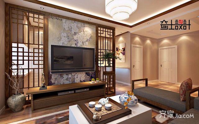 新中式风格二居室客厅装修效果图2/5