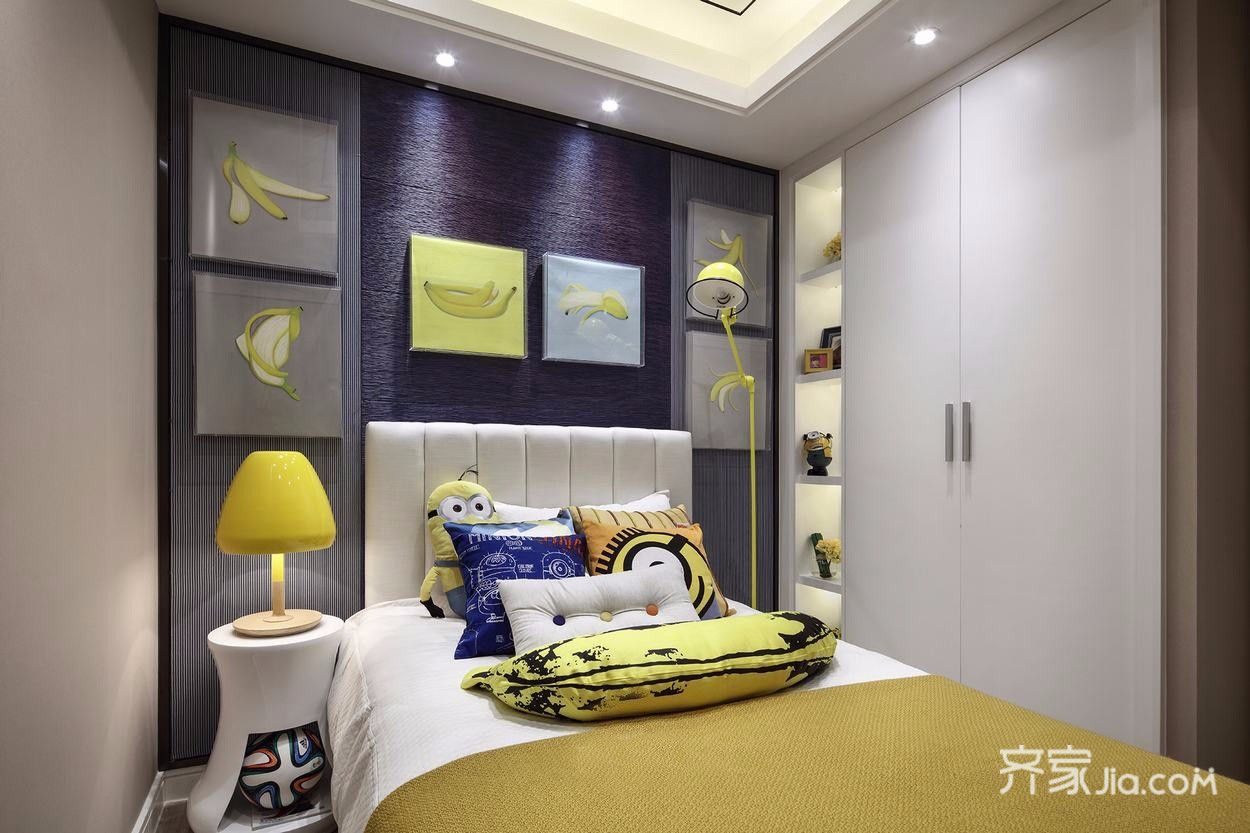 20万以上装修,三居室装修,120平米装修,卧室,现代简约风格,卧室背景墙,灯具,黄色