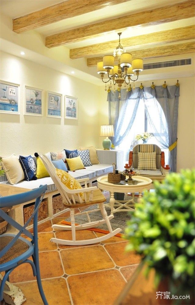 小户型装修,10-15万装修,二居室装修,60平米装修,地中海风格,客厅,沙发背景墙,黄色