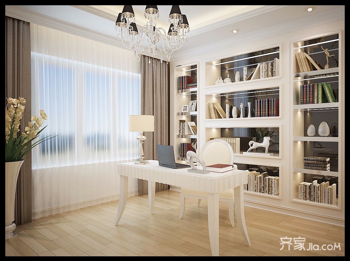 豪华型装修,别墅装修,140平米以上装修,欧式风格,书房,书柜,书桌,白色