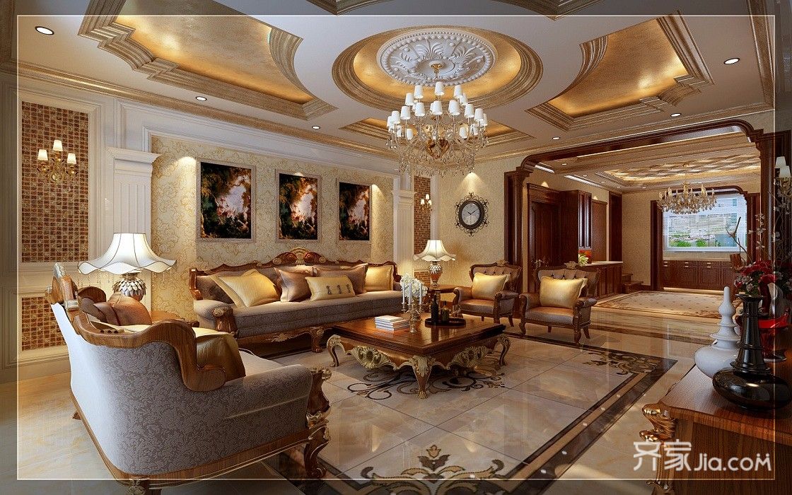 豪华型装修,别墅装修,四房装修,140平米以上装修,欧式风格,客厅,吊顶,金色,沙发背景墙