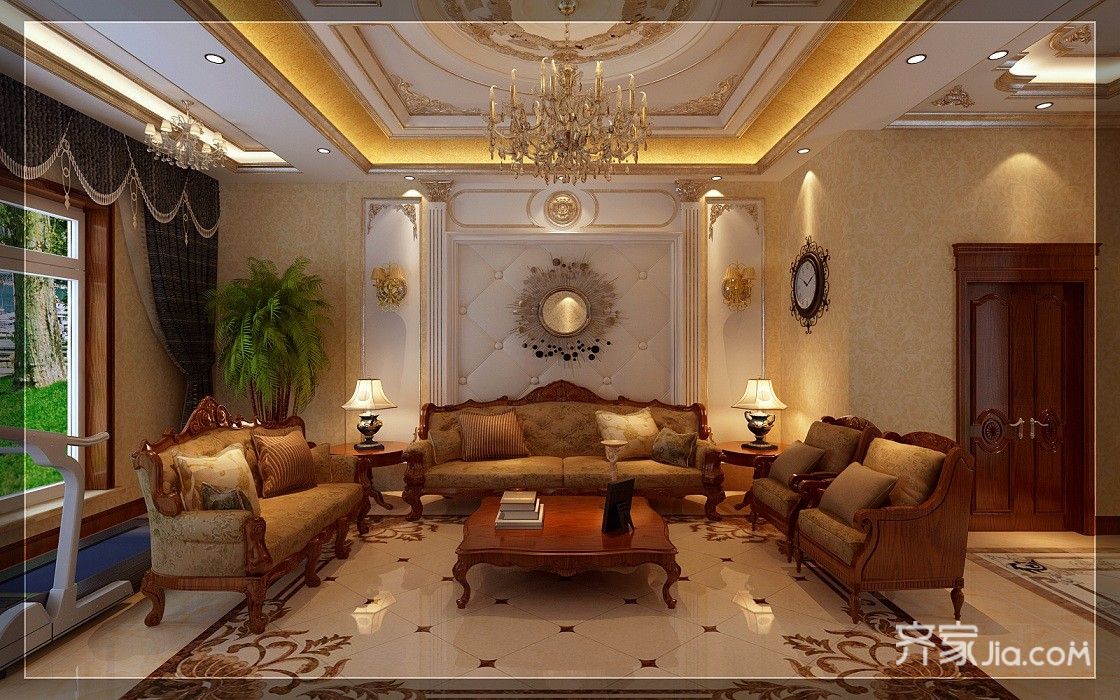 豪华型装修,别墅装修,四房装修,140平米以上装修,欧式风格,客厅,沙发,沙发背景墙,金色