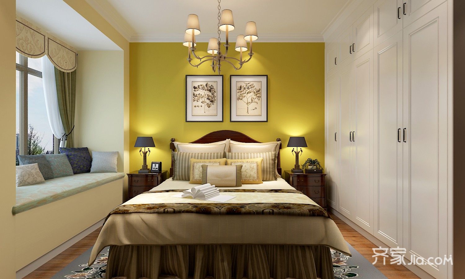 15-20万装修,三居室装修,120平米装修,美式风格,卧室,卧室背景墙,黄色