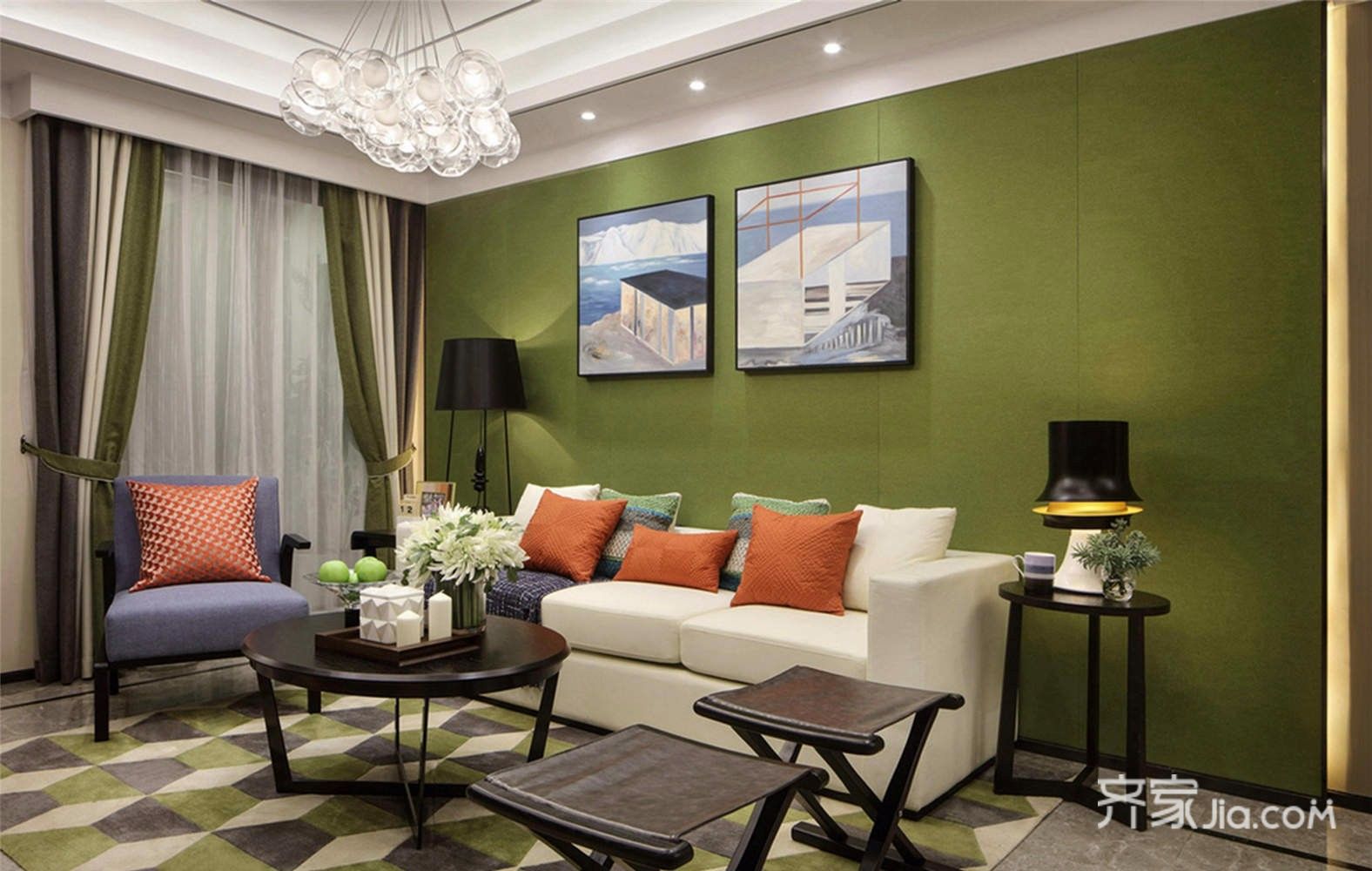 10-15万装修,三居室装修,100平米装修,客厅,现代简约风格,沙发背景墙,绿色