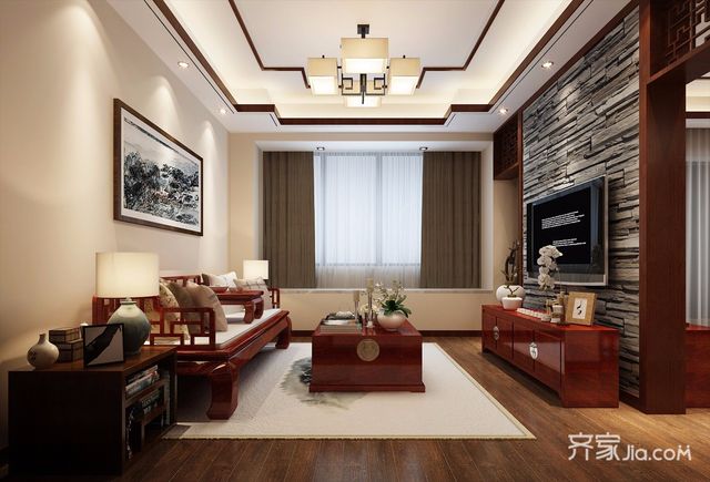 中式风格别墅客厅装修效果图1/9