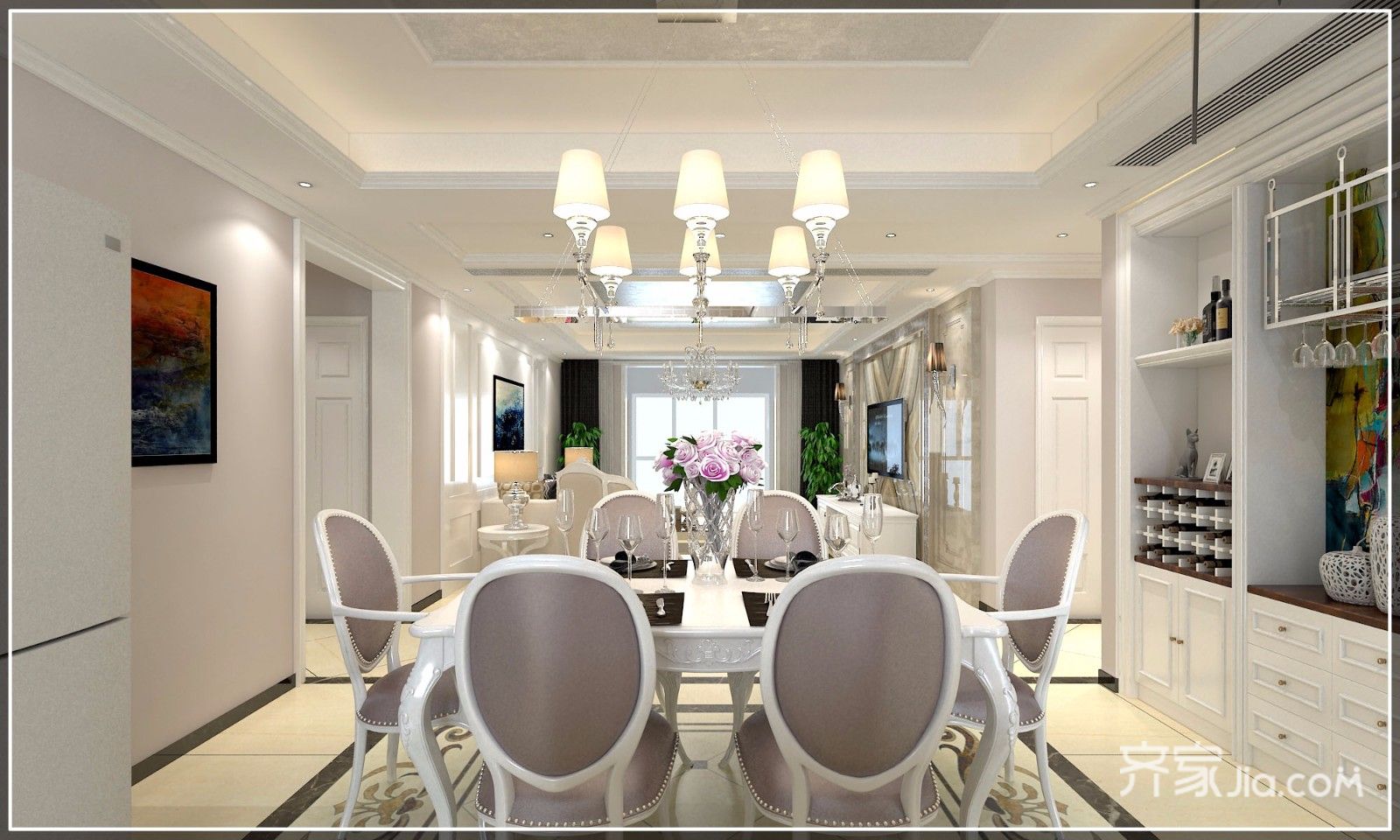 大户型,豪华型装修,四房装修,140平米以上装修,欧式风格,餐厅,吊顶,白色,餐桌