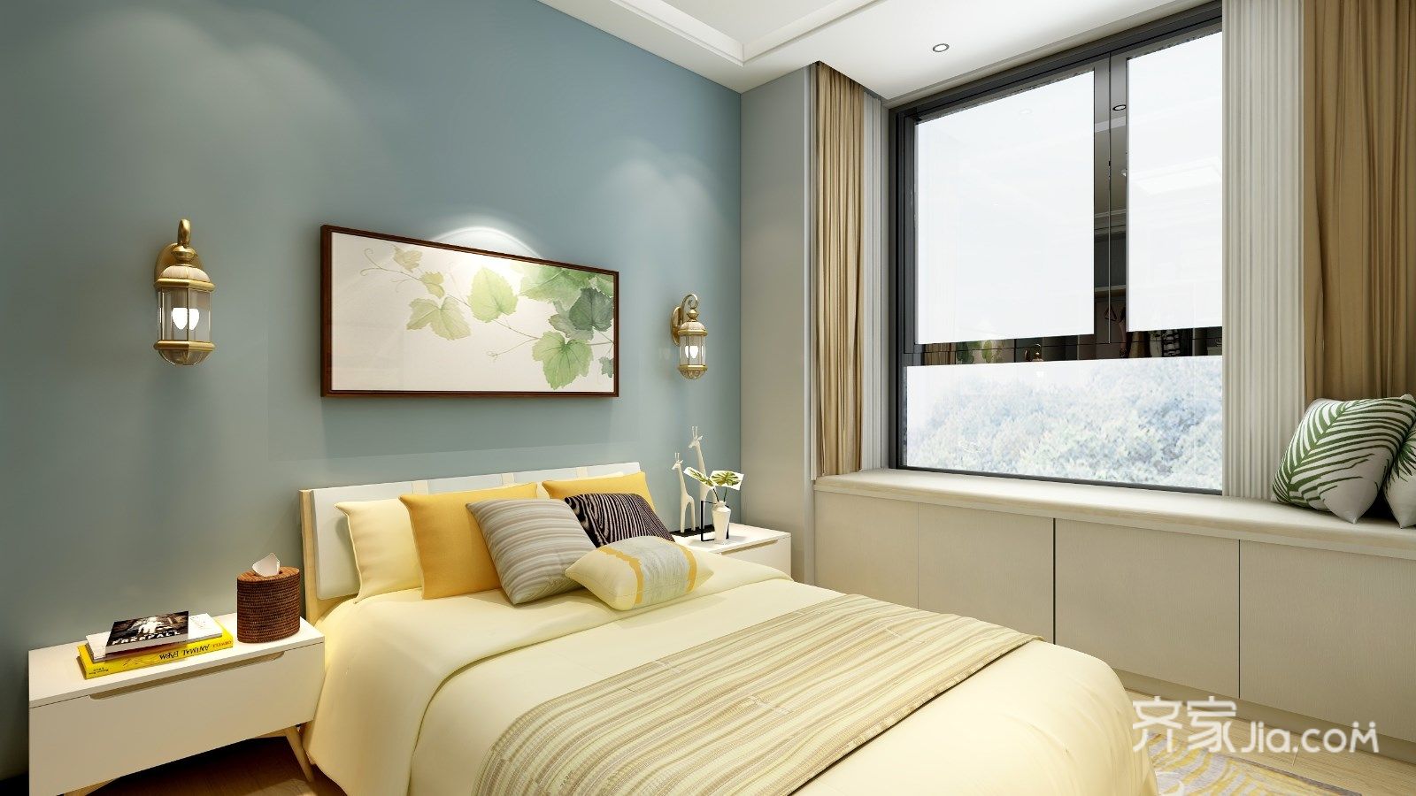 5-10万装修,二居室装修,80平米装修,简约风格,卧室,卧室背景墙,蓝色