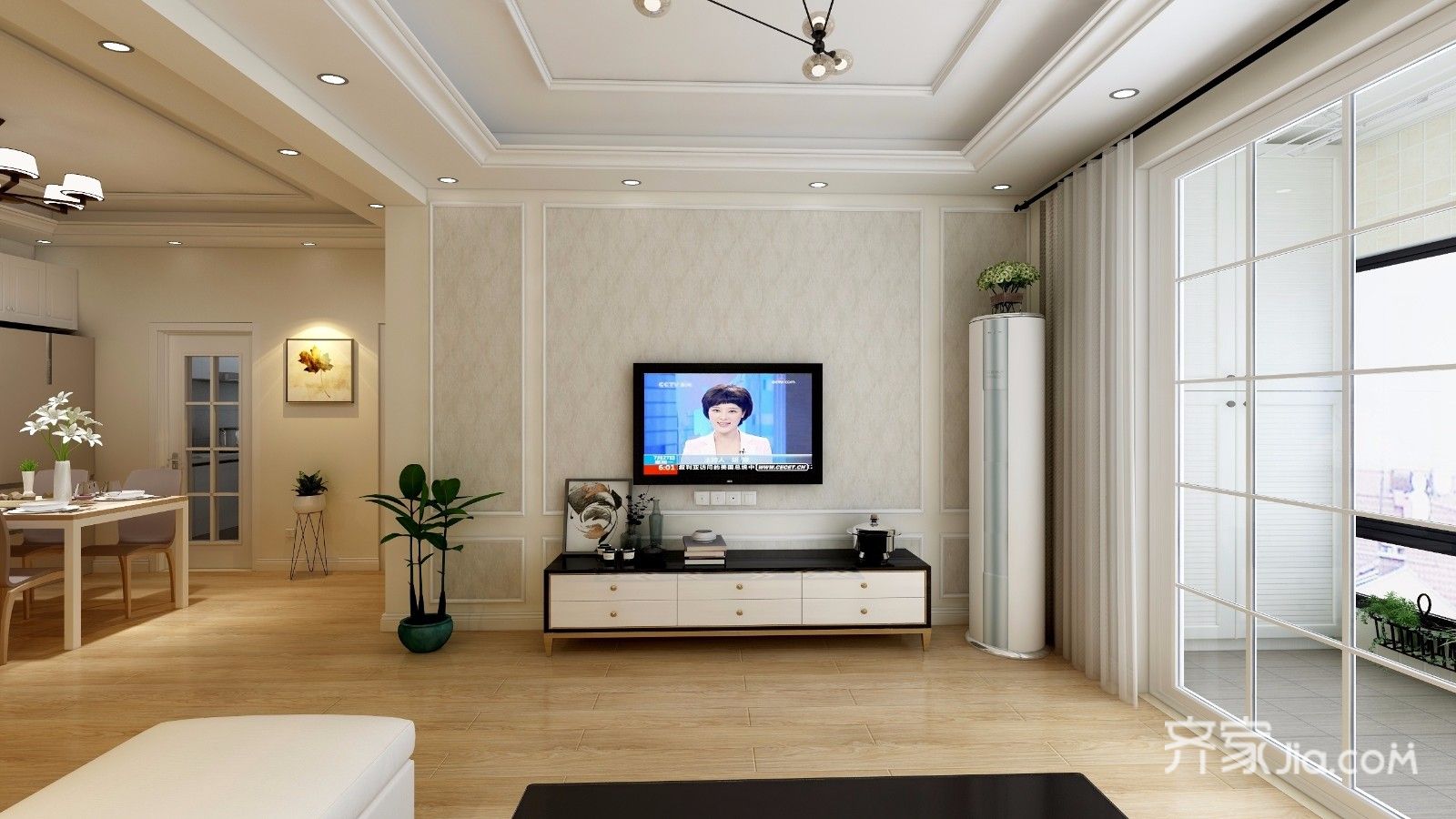 5-10万装修,三居室装修,90平米装修,简约风格,客厅,电视背景墙,白色
