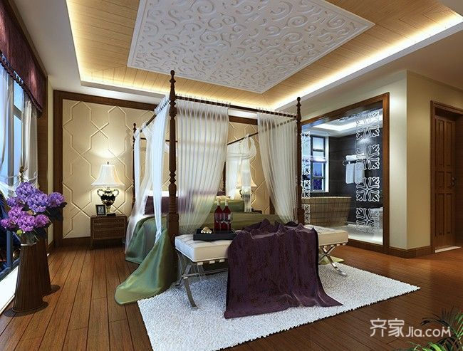 20万以上装修,四房装修,140平米以上装修,东南亚风格,卧室,吊顶,暖色调