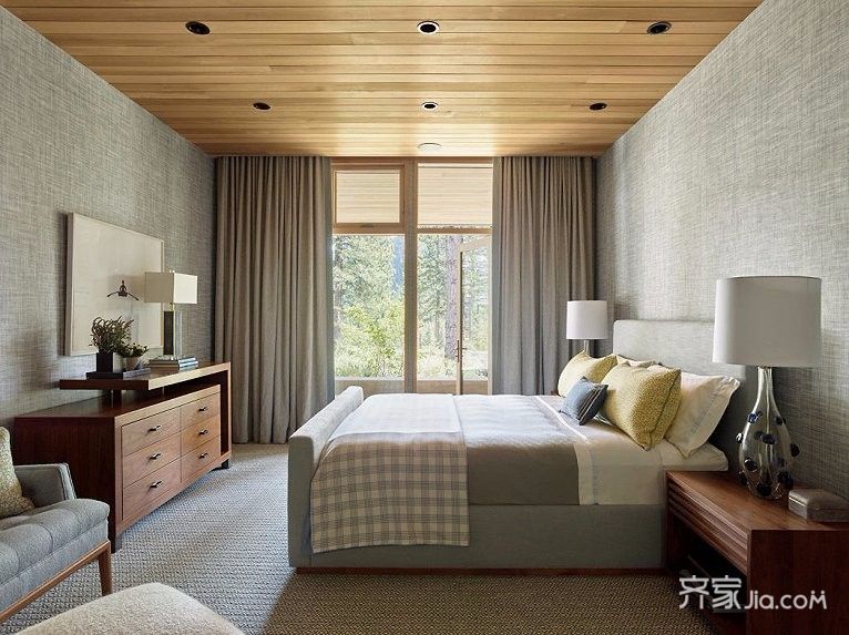 别墅装修,140平米以上装修,20万以上装修,三居室装修,130平米装修,卧室,窗帘,卧室背景墙,灰色