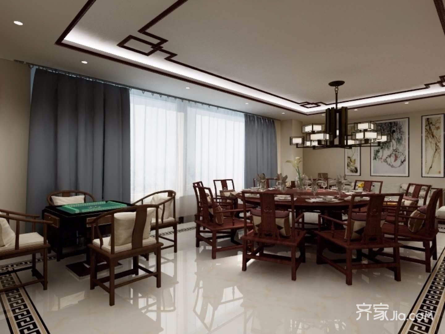 菜馆,20万以上装修,140平米以上装修,中式风格,吊顶,餐桌