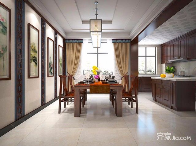 20万以上装修,三居室装修,140平米以上装修,中式风格,厨房,餐厅,餐厅背景墙