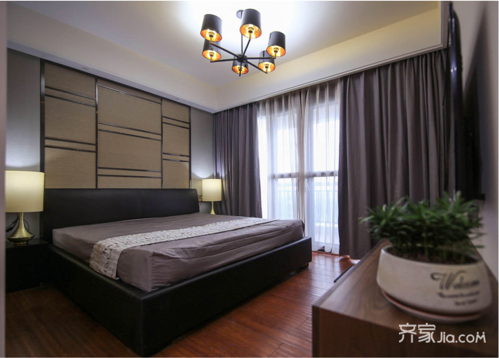 大户型,10-15万装修,四房装修,140平米以上装修,简约风格,卧室,卧室背景墙,窗帘,灰色