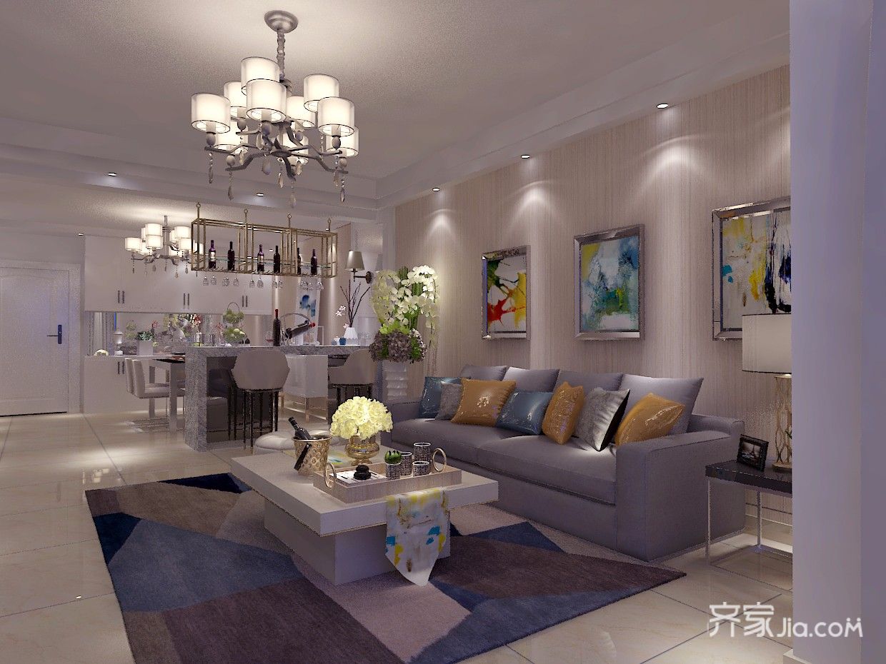 10-15万装修,三居室装修,130平米装修,简约风格,客厅,沙发,紫色