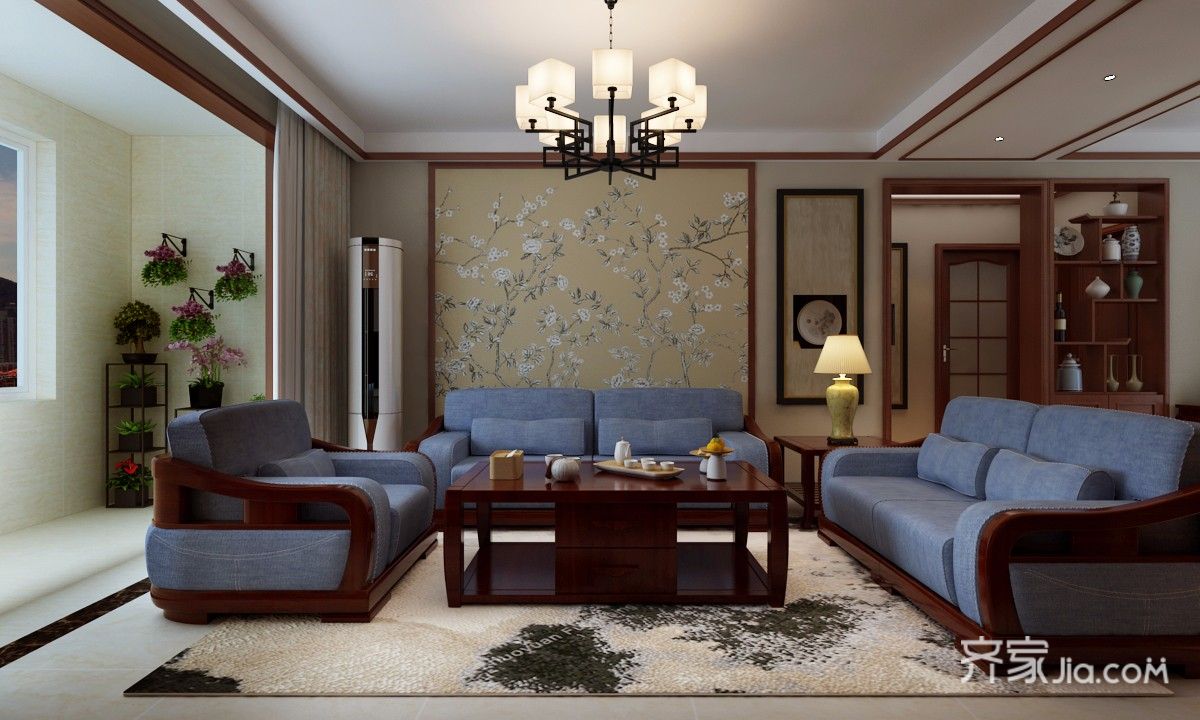 10-15万装修,三居室装修,130平米装修,客厅,中式风格,沙发背景墙,黄色