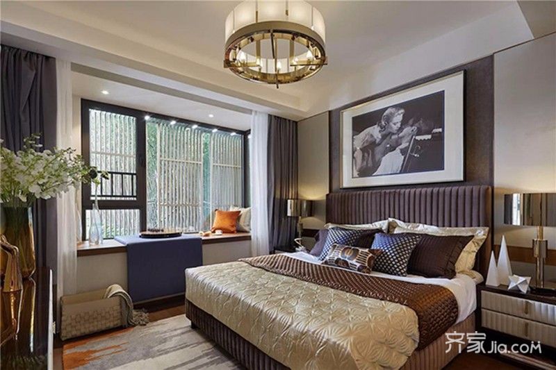 10-15万装修,复式装修,110平米装修,简约风格,卧室,咖啡色,窗帘