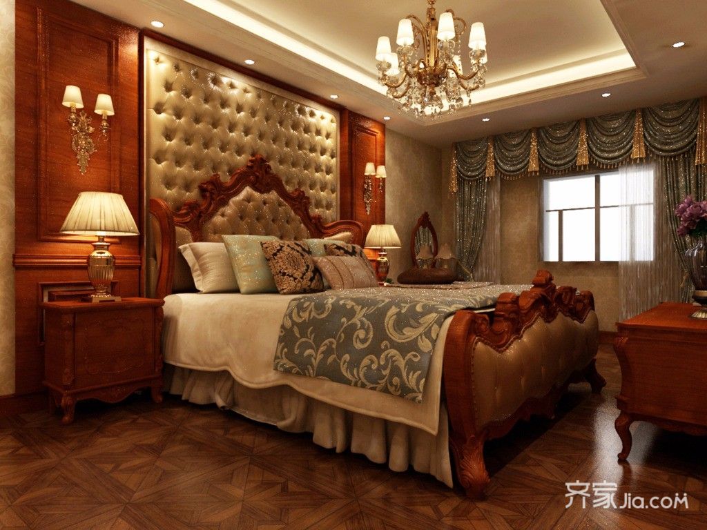 15-20万装修,三居室装修,100平米装修,欧式风格,卧室,床头软包,褐色