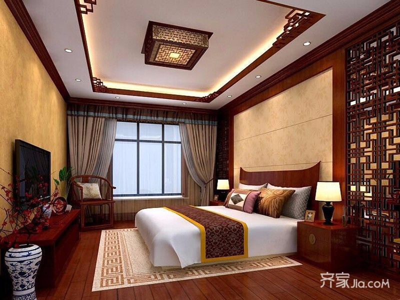 15-20万装修,红色,四房装修,140平米以上装修,中式风格,卧室,窗帘
