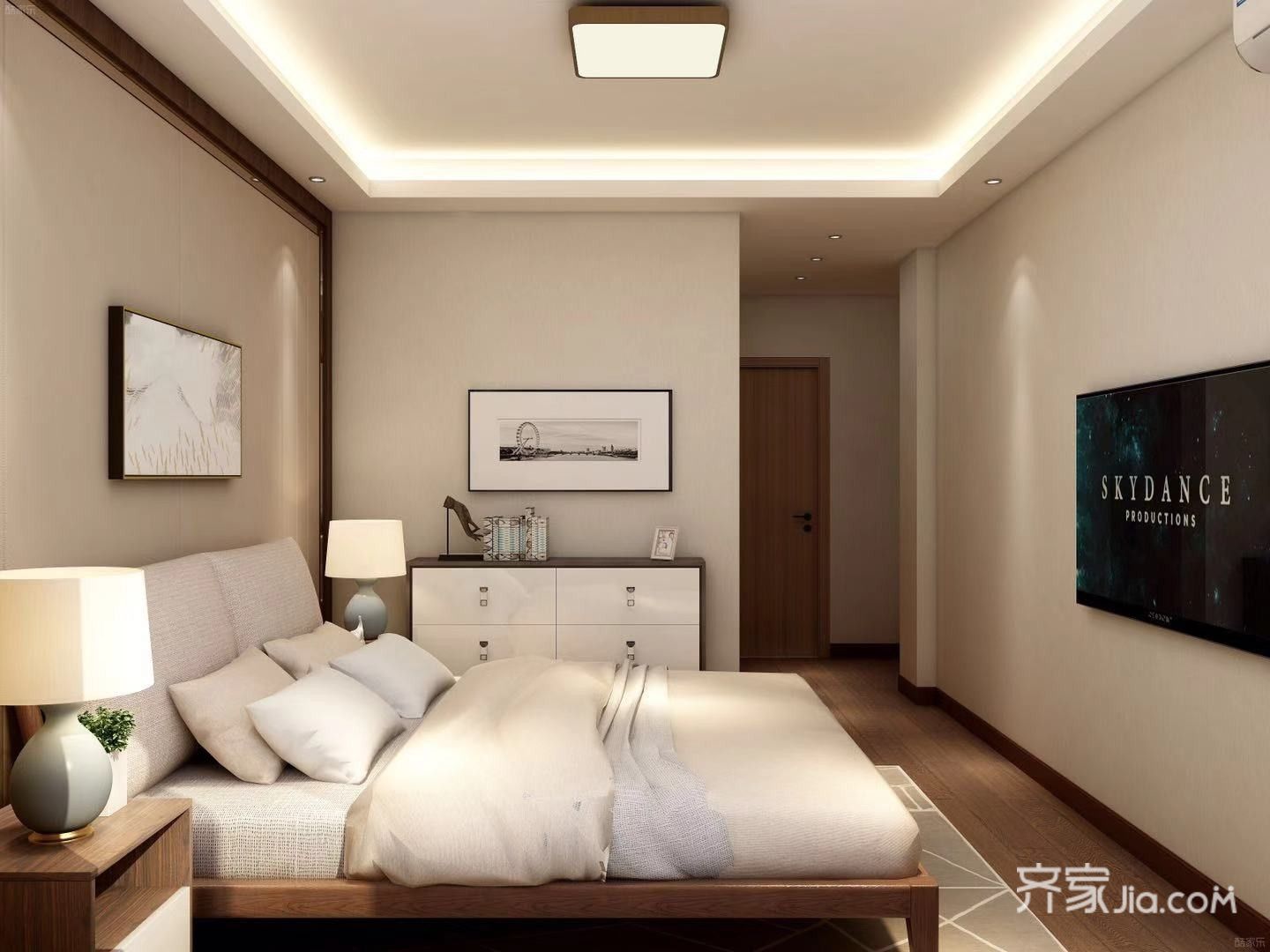 卧室以简洁为主,顶部走灯带和安装顶灯以满足不同的光线需求.