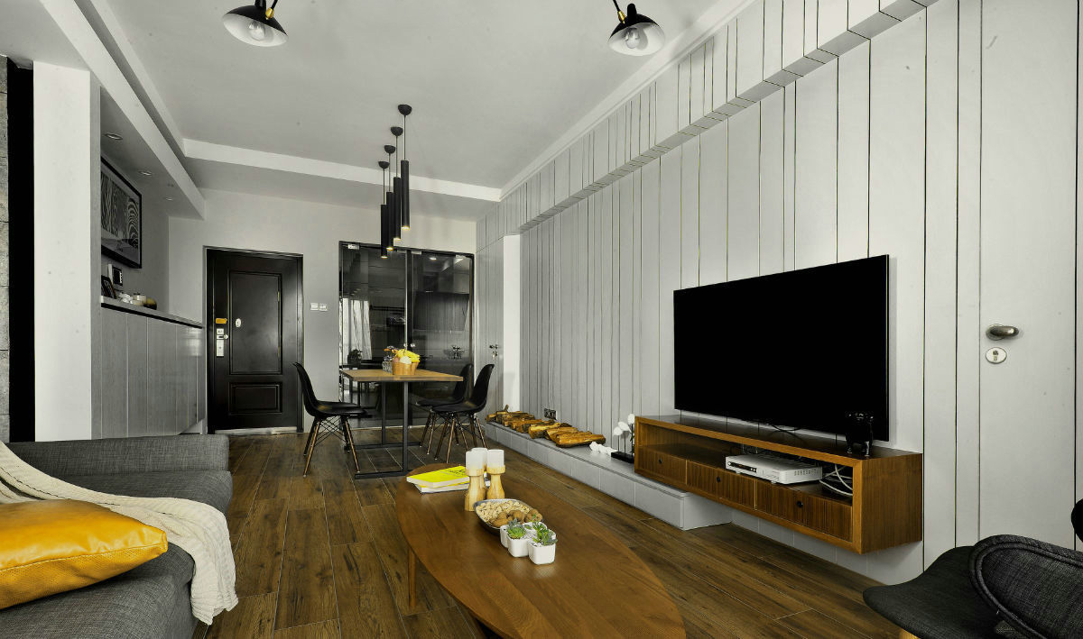 70平米装修,三居室装修,15-20万装修,现代简约风格,客厅,电视背景墙,白色,条纹