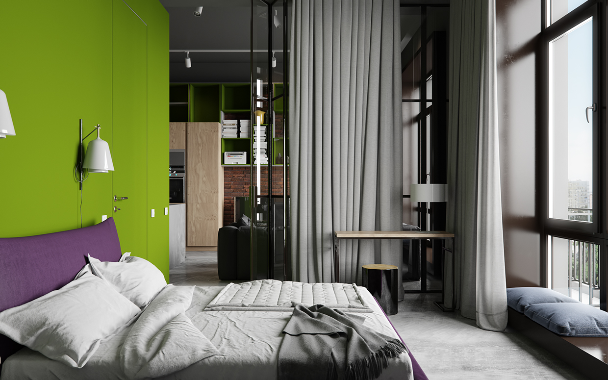 公寓装修,一居室装修,10-15万装修,40平米装修,混搭风格,卧室,窗帘,绿色,灰色