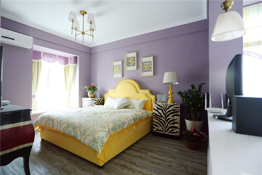 90平米装修,二居室装修,10-15万装修,美式风格,卧室,卧室背景墙,紫色