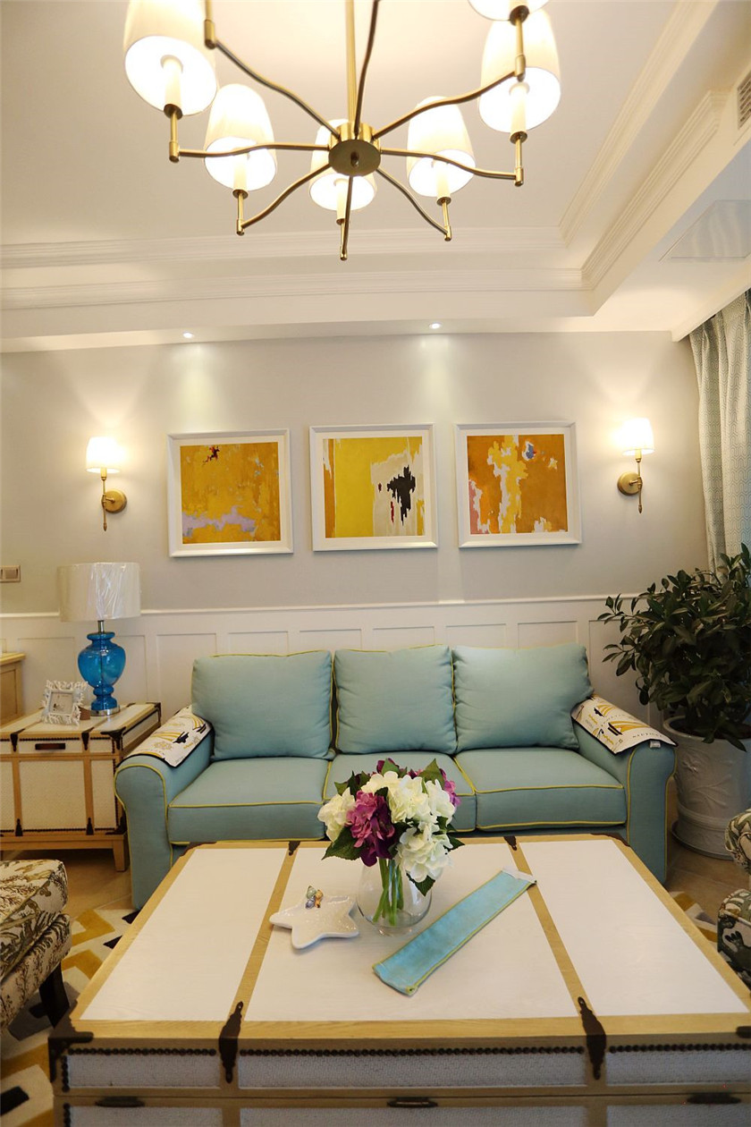 90平米装修,二居室装修,10-15万装修,美式风格,客厅,沙发背景墙,沙发,蓝色